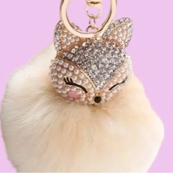Fluffy Fox Bag Charm Keychain - Cream - Pearl & Rhinestone Pom Accessory - Picture 3 of 4